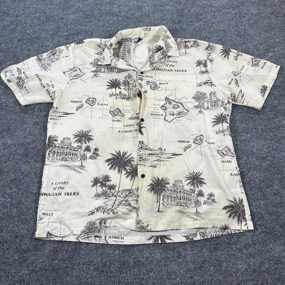 CT Hawaii Fashions Shirt Men XL White Good Map Hawaiian Isles Aloha Button Up